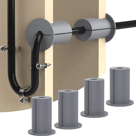 Heavy Duty 6 Pack Rubber Cable Routing Kit With Wall Grommets For Sleek Furniture And Drywall Hole Bushing To Keep Your Wires Protected And Manageable Without Messy Cords Hanging Around. Gray rubber cable grommets on drywall