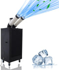 Heavy Duty Mobile Spot Cooler Packing 15400 Btu Capacity with dual airflow tubes and ice cubes on the side.