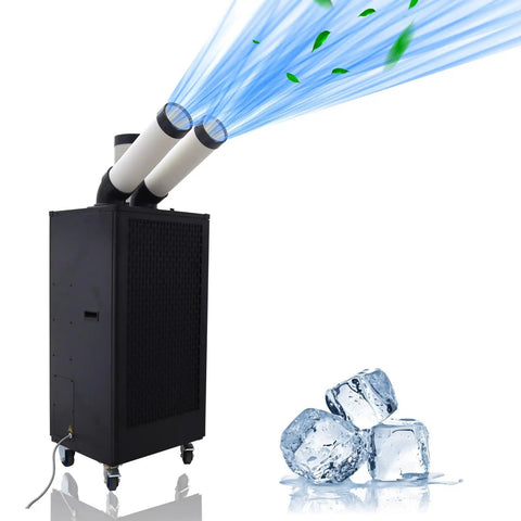 Heavy Duty Mobile Spot Cooler Packing 15400 Btu Capacity with dual airflow tubes and ice cubes on the side.