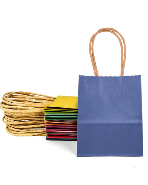 32 Pack Mini Paper Gift Bags With Handles, 6x4.5x2.5 Inch Brown Kraft Party Favor Bags, 16 Rainbow Color Options stacked