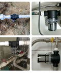 Premium Garden Sediment Filter for Pressure Washers and Transfer Pumps in plumbing setups, showing 3/4 inch inlet detail.