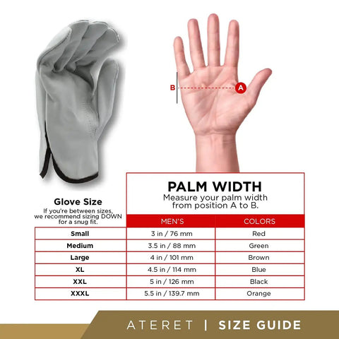 Size guide for 12 Pairs XXL Heavy Duty Cowhide Leather Work Gloves, showing hand measurement and glove size chart.