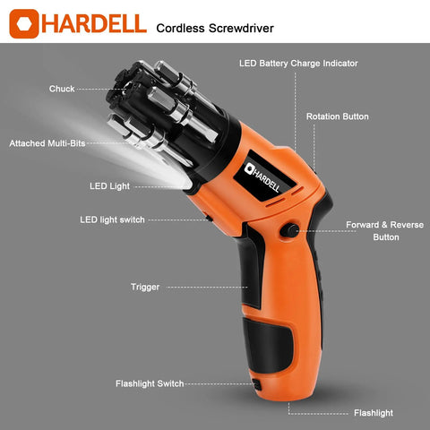 Cordless Electric Screwdriver 3.6V With Rear Flashlight 6 In 1 Furniture Assembly Set showing features like LED light, trigger, and bits