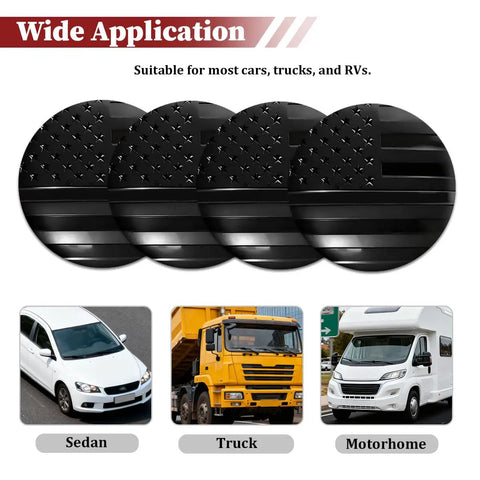 4 Pcs American Usa Flag Wheel Hub Center Cap Covers forged aluminum caps with black flag design, suitable for various vehicles.