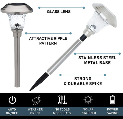 LED Solar Powered Outdoor Landscape Path Lights with stainless steel and glass lens, showing ripple pattern and durable spike.