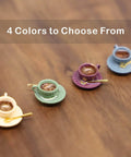 Whimsical Tiny Magnetic Tea Cup Decor Set For Doors Three Teacups Saucers And Gold Spoons in assorted colors on table.
