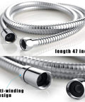 Pet Shower Attachment Kit With Handheld Sprayer, 47 inch flexible stainless steel hose, anti-winding design shown in close-up view.