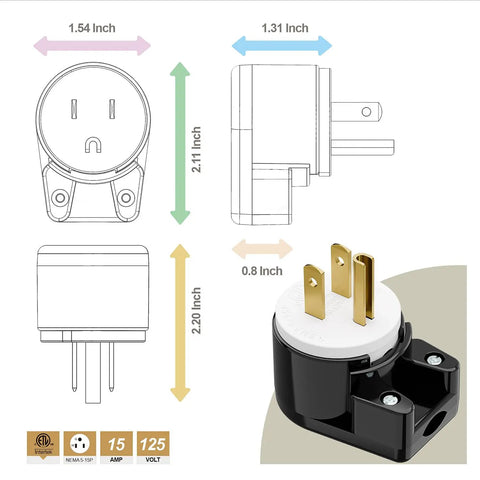 Right Angle NEMA 5 15P 15A 125V AC Plug With ETL Certification, showing dimensions and brass screw lock, nylon body, copper pins.
