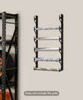 Straight Up Solid Metal Wall Mount Vinyl Holder Rack Stores Six Rolls With Adjustable Brackets, detailed view of mounted rack.