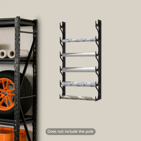 Straight Up Solid Metal Wall Mount Vinyl Holder Rack Stores Six Rolls With Adjustable Brackets, detailed view of mounted rack.