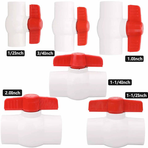 Six Pack One Half Inch PVC Ball Valves With Red T Handle For Cold Water Lines And Irrigation displayed in various sizes