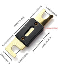 Dimensions of Inline ANL Fuse Holder Kit For 0 2 4 Gauge Wire With Dual 150 Amp Fuses showing measurements in inches and mm