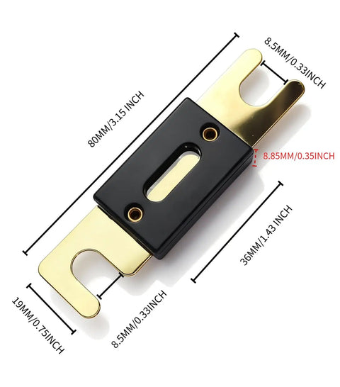 Dimensions of Inline ANL Fuse Holder Kit For 0 2 4 Gauge Wire With Dual 150 Amp Fuses showing measurements in inches and mm