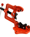 Workhorse Heavy Duty Pipe Vise For 0.4 To 2.4 Inch Tubing Cast Iron Bench Vice with red frame and black hardened steel jaws.