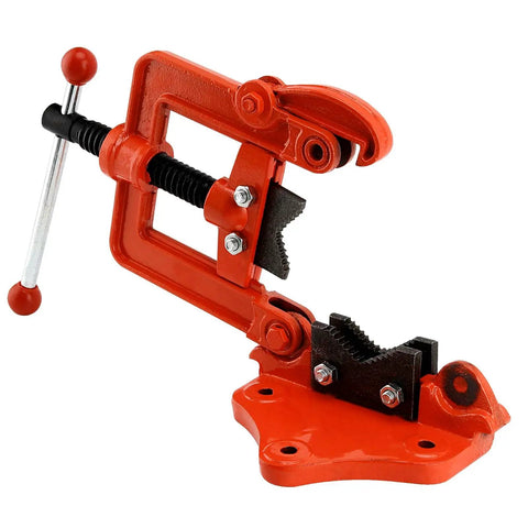 Workhorse Heavy Duty Pipe Vise For 0.4 To 2.4 Inch Tubing Cast Iron Bench Vice with red frame and black hardened steel jaws.