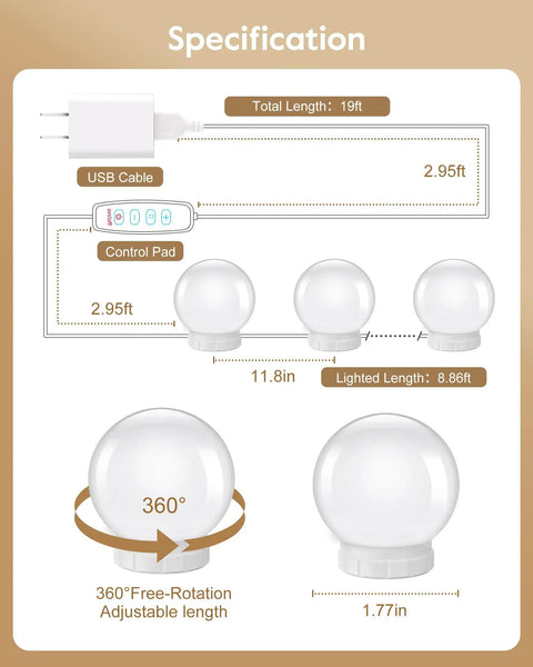 Specifications diagram of LED Vanity Lights Kit With 10 Dimmable Bulbs For Makeup Table Plug In White with cable lengths.