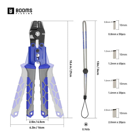 Pro Grade Fishing Crimping Tool Kit With Ten Point Six Inch Pliers And 140 Double Barrel Sleeves Up To 2.2mm Crimp For Fluorocarbon And Monofilament Leaders In Freshwater And Saltwater Tackle For Anglers showing pliers, sleeves, and lanyard