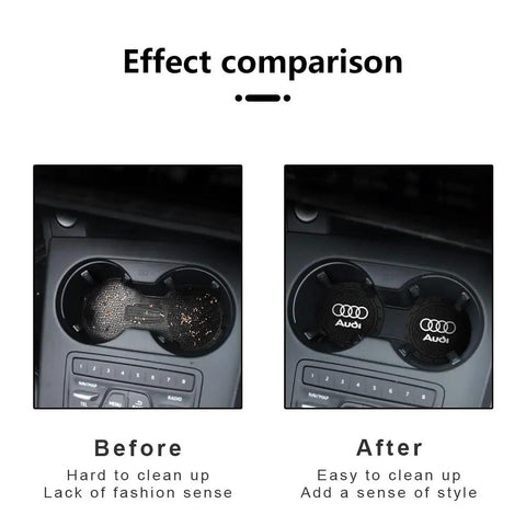 Comparison of Audi Slick Silicone Cup Holder Coaster Set With Crystal Rhinestones for car interiors, before and after installation.