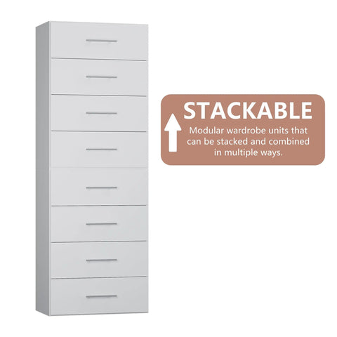 4 Drawer Stackable Closet Organizer Unit With Drawers, white, modular wood storage bins, shown stacked in multiple configurations.