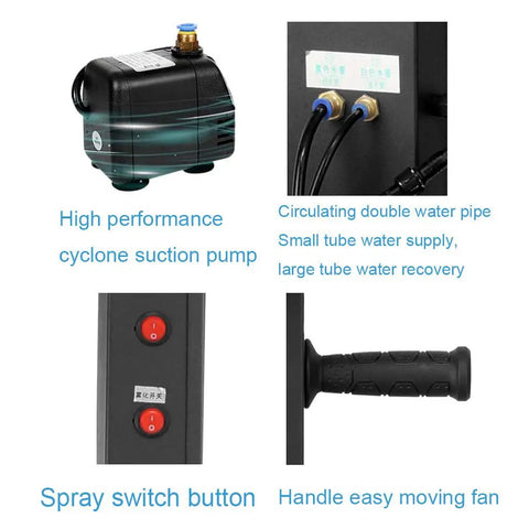 High performance cyclone suction pump and spray switch button for Built Tough Industrial Floor Misting Fan With Auto Swivel Wide Mist Spray.
