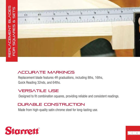 18 Inch Precision Blade For Combination Squares, Sets, And Bevel Protractors With 4R Graduations, Satin Chrome Finish