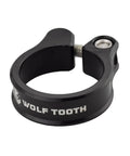 Black Precision CNC Machined Seatpost Clamp With Self Aligning M5 Bolt, Spherical Washer, Cylindrical Anchor, Wolf Tooth logo