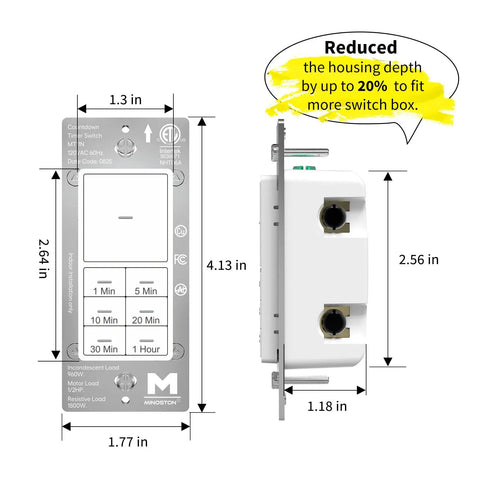 Dimensions of One To Sixty Minute Countdown Light Switch With Adjustable LED Brightness, front and side view, white, easy install.