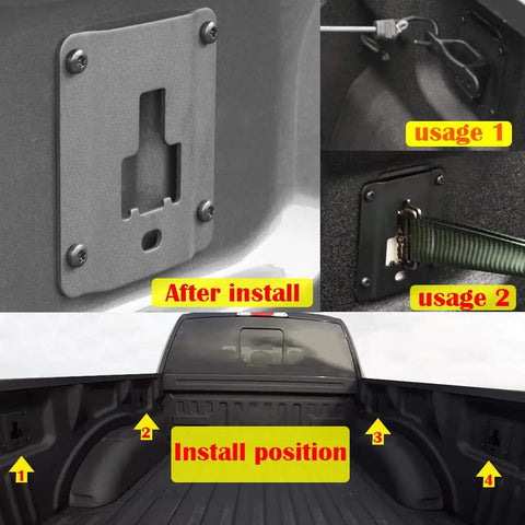 Heavy Duty Truck Bed Cargo Tie Down Brackets Plates For Ford F150 F250 F350, installed and usage examples in truck bed.
