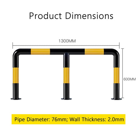 M Shaped Guardrail Anti Collision Bar for Heavy Duty Safety, dimensions shown, 130x60cm, yellow with black stripe, 76mm diameter