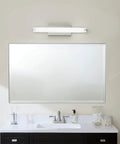 LED Linear Bathroom Vanity Light In Brushed Nickel Finish mounted above a mirror, showcasing even illumination for modern makeovers.