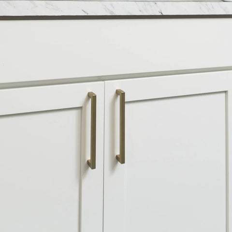 Solid Core Kitchen Cabinet Pulls With Luxe Golden Nickel Finish For Doors And Dressers, 12 Inch Center, attached to white cabinets