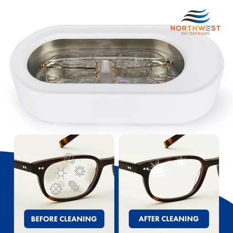Ultrasonic eyeglass cleaner in white plastic housing with glasses inside (front view)