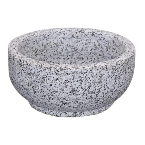 Granite Stone Bowl With Wooden Base For Bibimbap And Korean Stews, thick stone bowl, detailed texture, 24oz size.