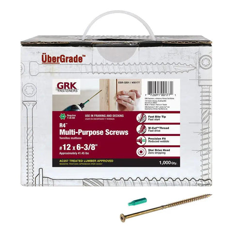 Number 12 14 X 6 3 8 Inch Multipurpose Screws Featuring Fast Bite Zip Tip Tech For Wood To Wood Framing Built Different For Smooth One Step Install And Ships In A Rock Solid 1000 Count Box with screws and packaging.