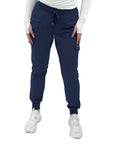 Women's Slim Fit Jogger Scrub Pants With Elastic Yoga Waistband Nurse Medical Uniform in navy blue, featuring deep side pockets.