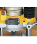 Close-up of Kickass 12 Amp 2 1/4 Hp Router With Fixed And Plunge Base Kit features, showing adjustable plunge base detail.