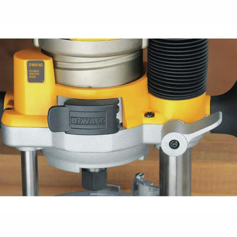 Close-up of Kickass 12 Amp 2 1/4 Hp Router With Fixed And Plunge Base Kit features, showing adjustable plunge base detail.
