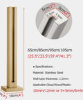 Kickass Heavy Duty Gold Staircase Glass Railing Post System showing dimensions, square stainless steel design for 10 or 12 millimeter glass.