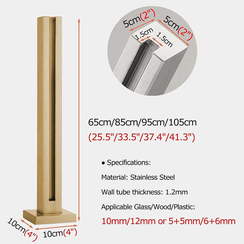 Kickass Heavy Duty Gold Staircase Glass Railing Post System showing dimensions, square stainless steel design for 10 or 12 millimeter glass.