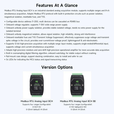 Features and version options of Modbus RTU Analog Input 8CH, detailed specs, and module visuals for multiple voltage signal acquisition.