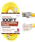 Weatherproof 100 Ft Outdoor Extension Cord Heavy Duty 16 Gauge 3 Conductor SJTW 10 Amp with Lighted End in Bright Yellow