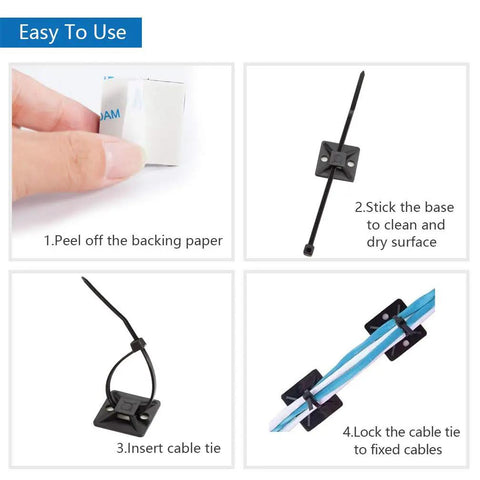 Instructions for using Self Adhesive Cable Tie Mounts With 3M Strong Adhesive Backing No Fuss Way To Manage Cables Small 19.5mm