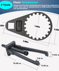 Three Piece Outboard Bearing Carrier Puller Set With Fuel Filter Water Separator Wrench for Yamaha Johnson Evinrude Mercury Honda MerCruiser Marine Engines, shown with dimensions of wrench and puller component.