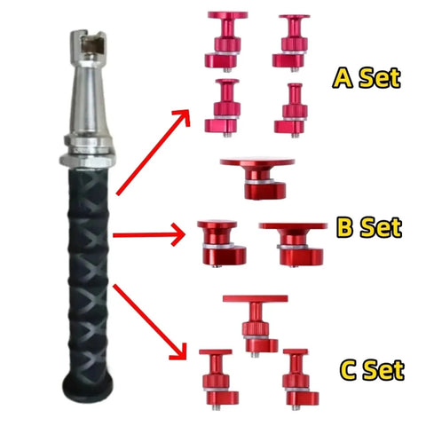 Heavy Duty Compact Auto Body Repair Kit With Sliding Hammer Dent Puller Tool For Quick Parkingdent Removal and No Sweat Road Trip Fixes For Your Daily Driver with handle and red accessory sets.
