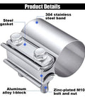 Two Pack 2.25 Inch Exhaust Clamp Kit Stainless Steel Butt Joint Band Sleeve Coupler with product details highlighted