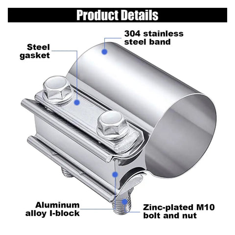 Two Pack 2.25 Inch Exhaust Clamp Kit Stainless Steel Butt Joint Band Sleeve Coupler with product details highlighted