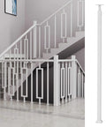 Rock Solid White Banister Railing Kit For Indoor Stairs And Outdoor Deck Porch Baluster Spindle Set With Secure Floor Mount Screws Easy Peasy Setup 30 Pack displayed on indoor staircase.