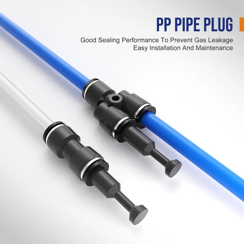 1/2 Inch OD Push To Connect Air Fittings Kit With Quick Connects For Air Hose And Tubing, 5 Types Including Elbows Tees Straight Plugs Splitters For PU Nylon PE Tubing, 0 To 145 PSI, PP pipe plug with blue tubing