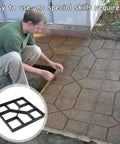 Man using Reusable Plastic Concrete Paving Pavers 8 Grid Garden Patio Stones to create a pathway, with inset showing the paver mold.