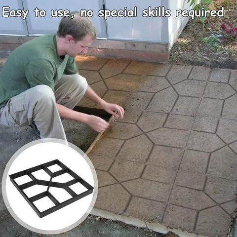 Man using Reusable Plastic Concrete Paving Pavers 8 Grid Garden Patio Stones to create a pathway, with inset showing the paver mold.